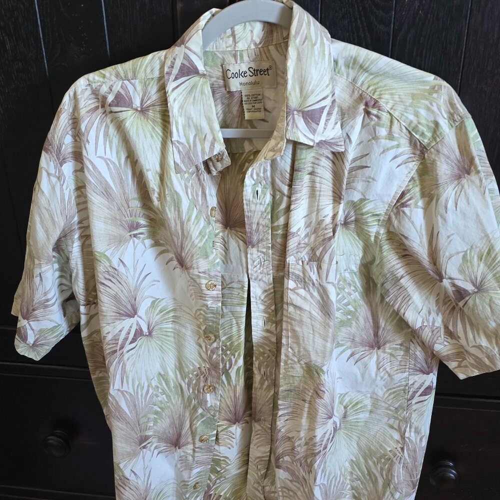 Men's M Cooke Street Aloha Hawaiian Shirt Tan/Brown/ Ivory Leaf Print